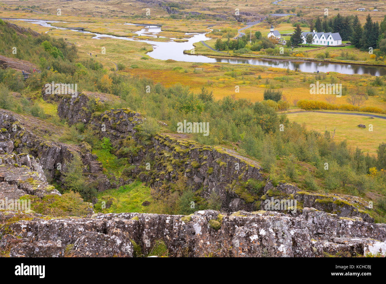 Overview of the Oxara River Valley and Historic Buildings, Pinngvellir National Park, Iceland Stock Photo