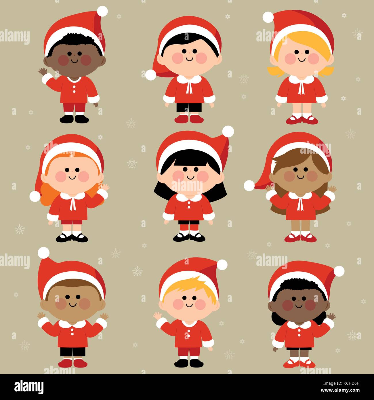 Diverse group of children dressed in Christmas Santa Claus costumes Stock Vector