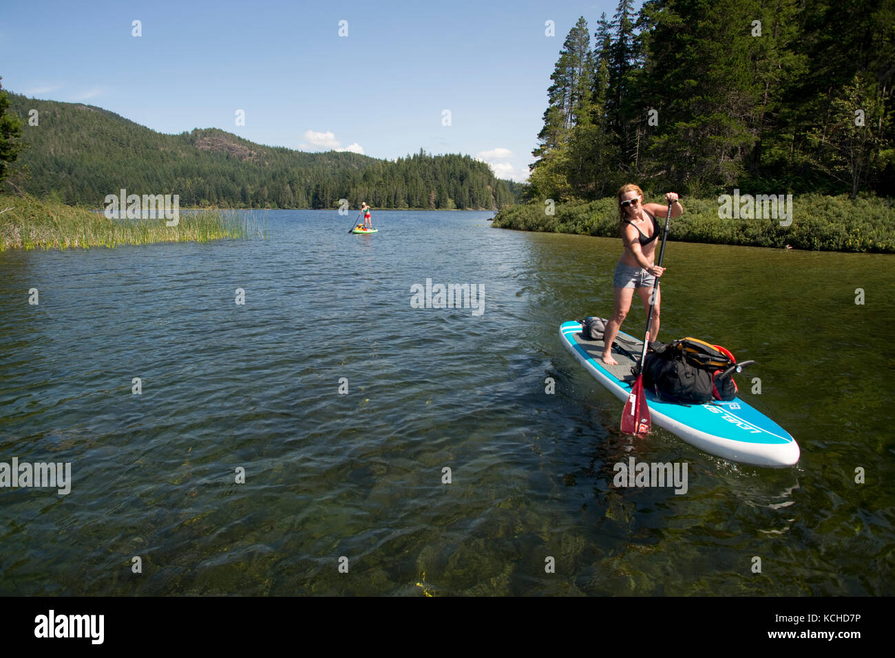 Stand-up paddleboard (SUP) touring in Main Lake Provincial Park, Quadra Island. British Columbia, Canada Stock Photo