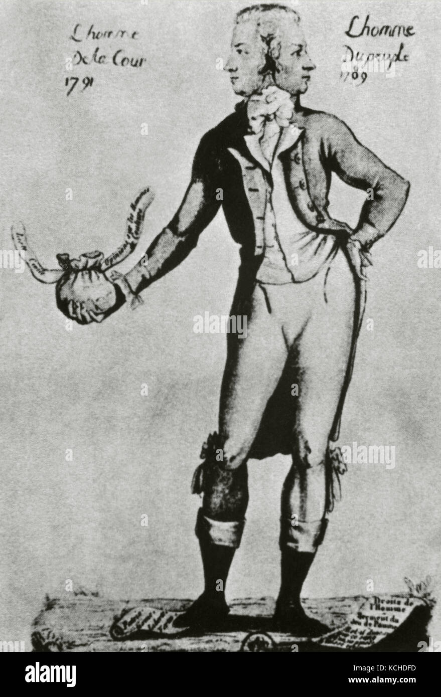 French Revolution (1789-1799). Caricature depicting the ambiguity of the French politician Antoine Barnave (1761-1793), revolutionary in 1789 and monarchical in 1791. Anonymous, 18th century. Stock Photo
