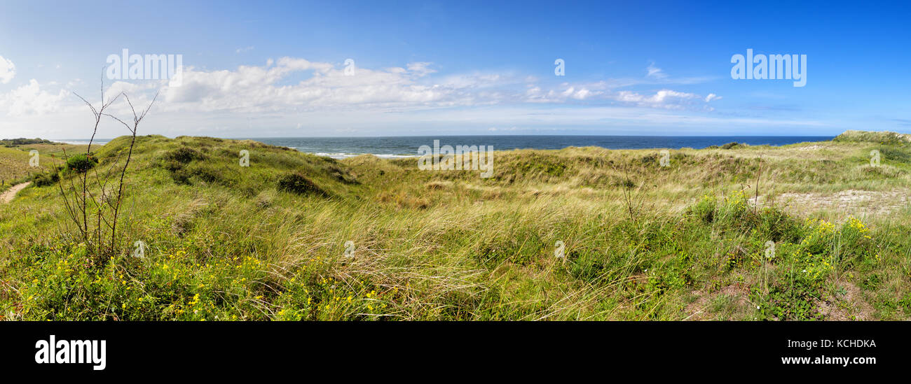 Panoramic view towards the North Sea from the dunes of the north sea island Juist in East Frisia, Germany, Europe. Stock Photo