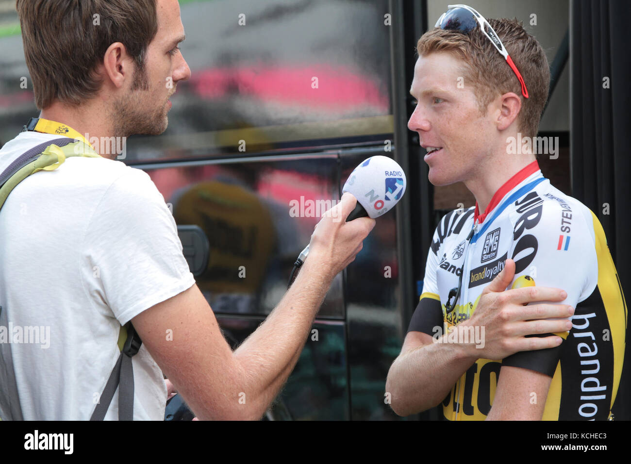 PAU, FRANCE, July 15, 2015 : Interview of Steven KRUIJSWIJK in the 'Village Depart' of the Tour de France cyclist race. Stock Photo