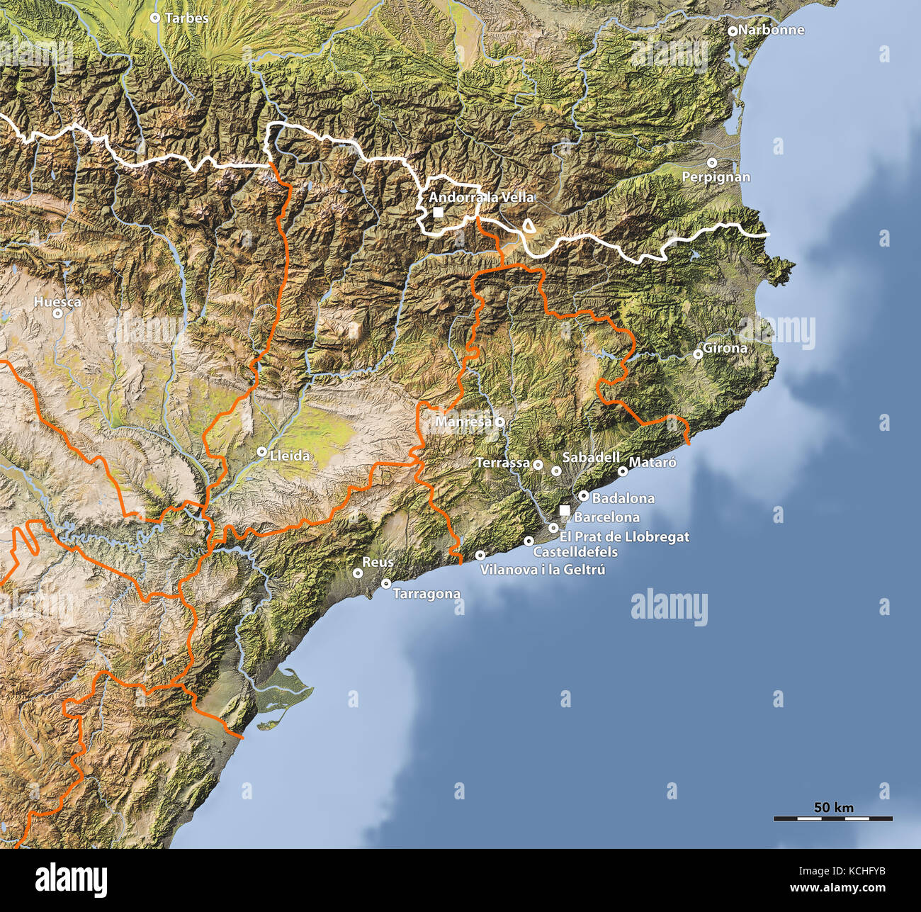 Relief map of Catalonia. Colored according to natural colors Stock Relief map of Catalonia. Colored according to natural colors Stock