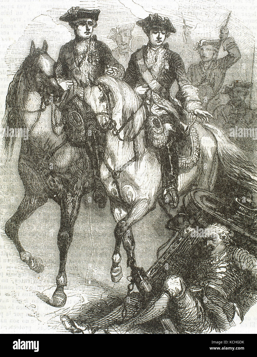 War of the Austrian Succession (1740-1748). Louis XV (1710-1774), king of France and his son Louis, Dauphin of France (1729-1765) present at the Battle of Fontenoy, 11 May 1745. Engraving, 1851. Stock Photo