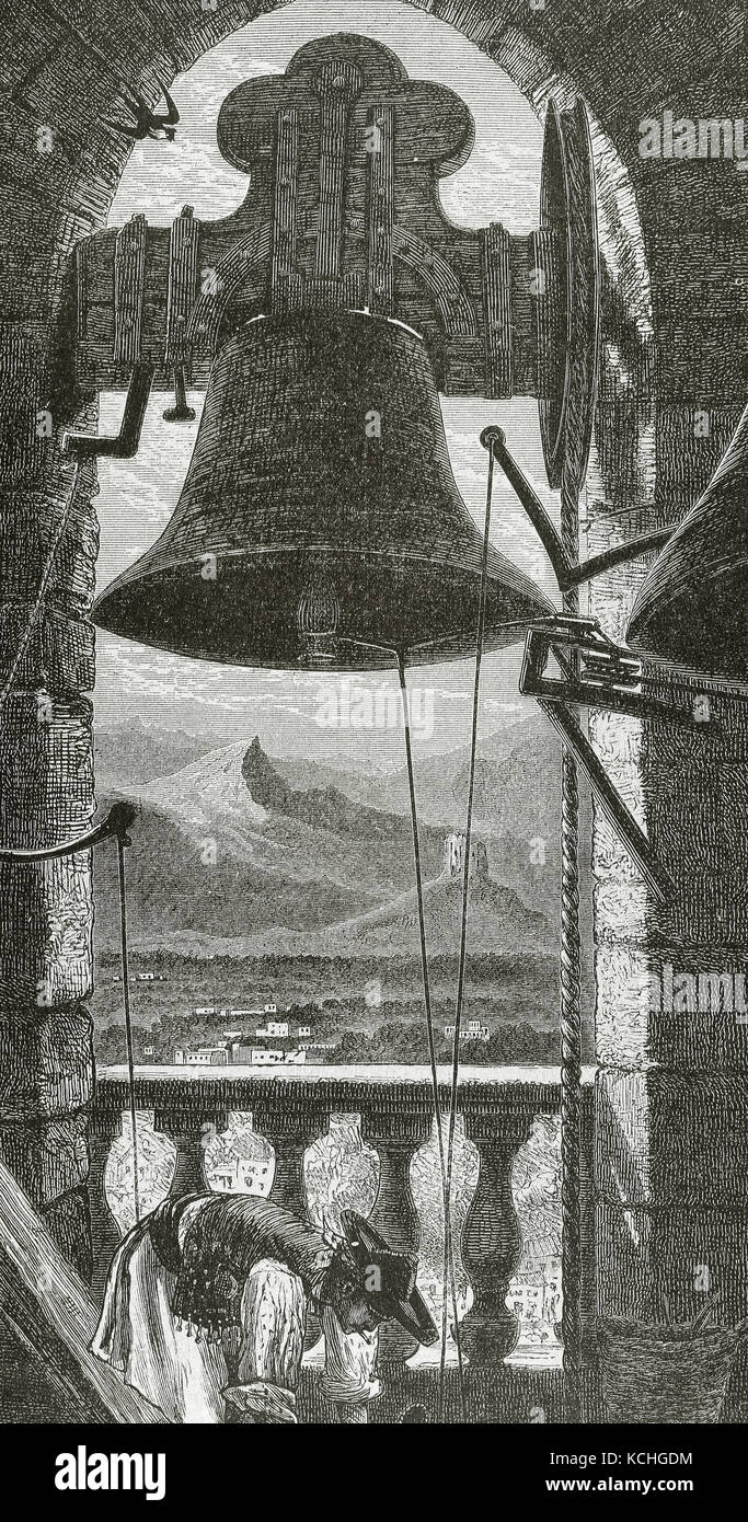 Spain. Murcia. Cathedral. Bell tower. Interior with the main bell. Engraving by Whymper. 'La Ilustracion Espanola y Americana', 1885. Stock Photo