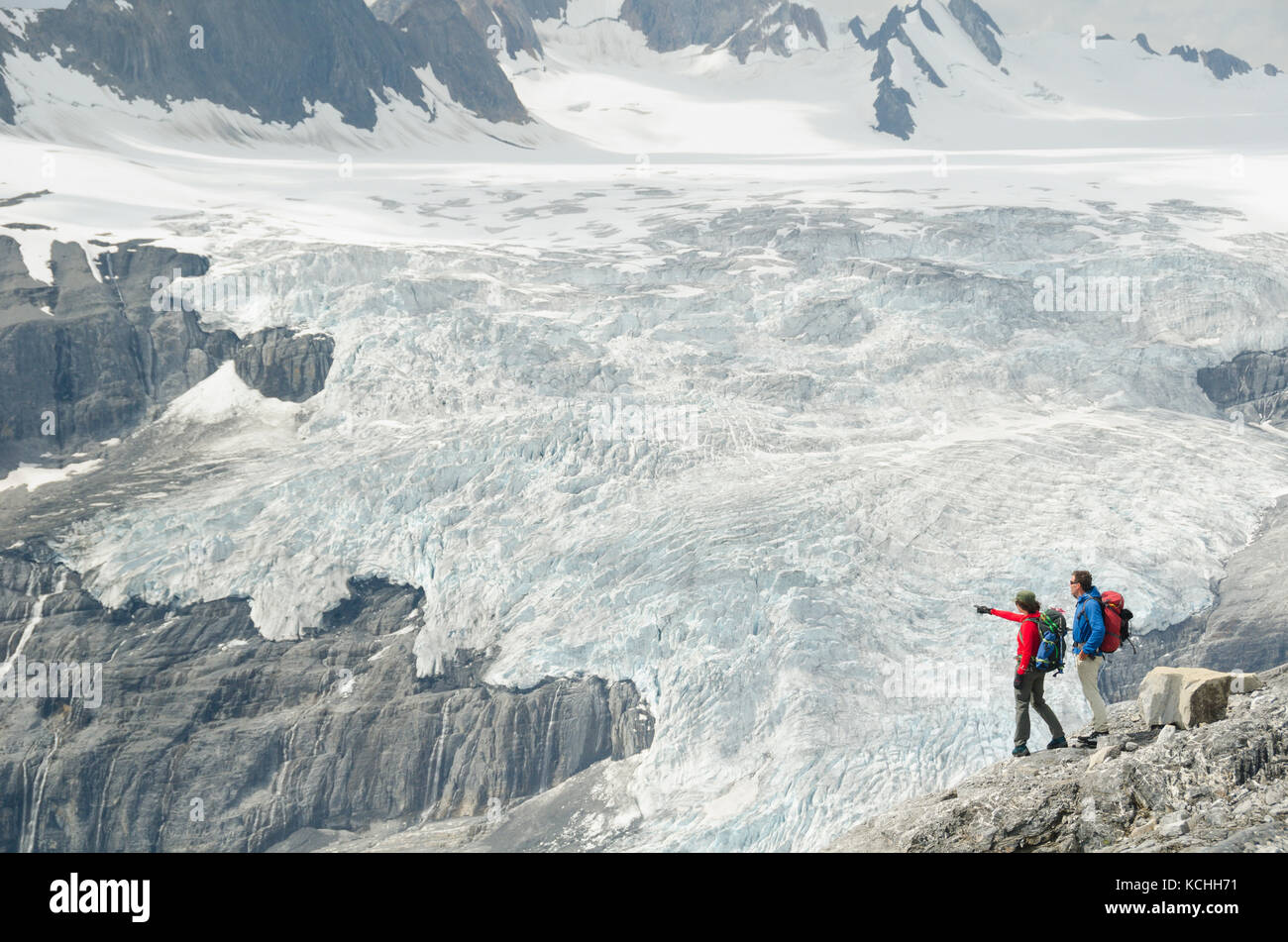 Hiking in front of the Lyell Icefield near Icefall Lodge north of Golden, BC in the Canadian Rockies Stock Photo