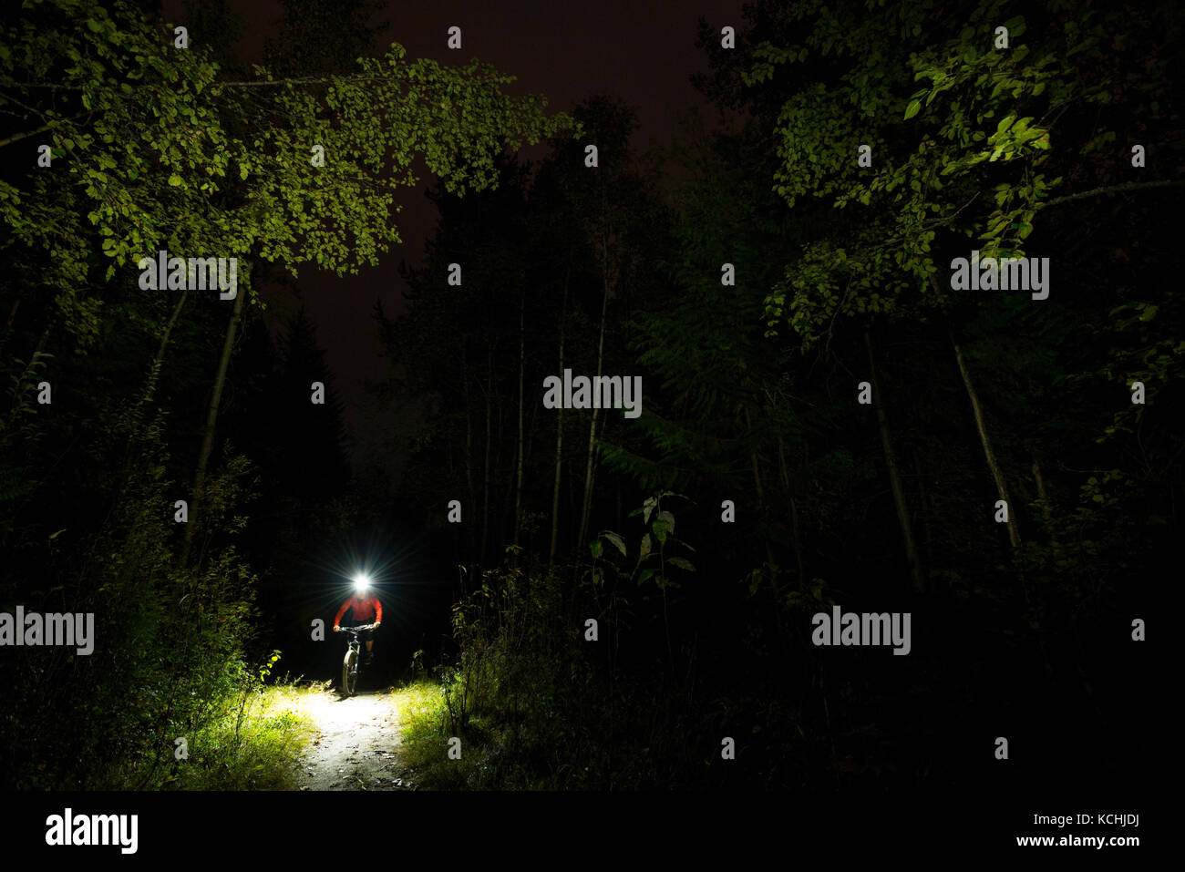 A mountain biker goes on a night ride using a headlamp, Nelson, BC Stock Photo