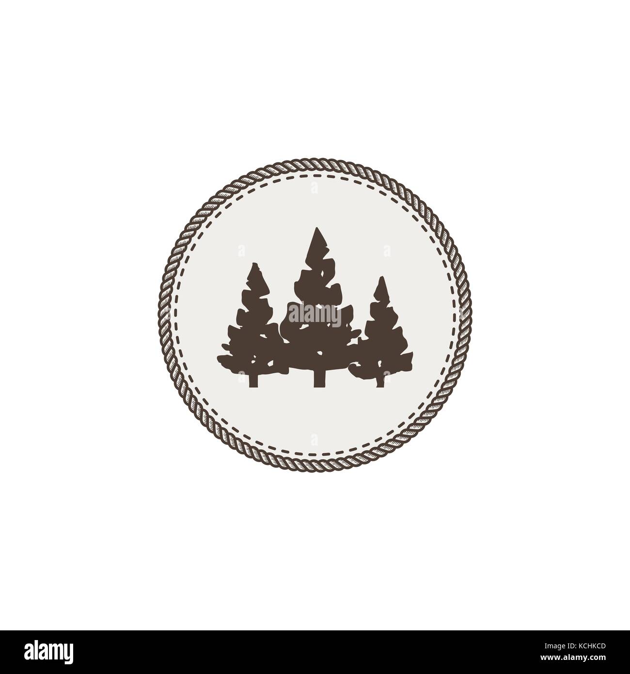 Trees icon, patch and sticker. Vintage hand drawn outdoor adventure ...