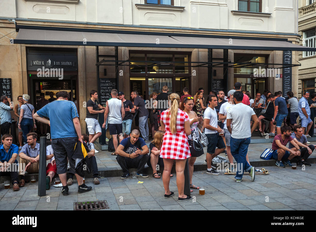 Brno People outside the bar 'Vycep Na stojaka', Jakub square South Moravia, Czech Republic Stock Photo