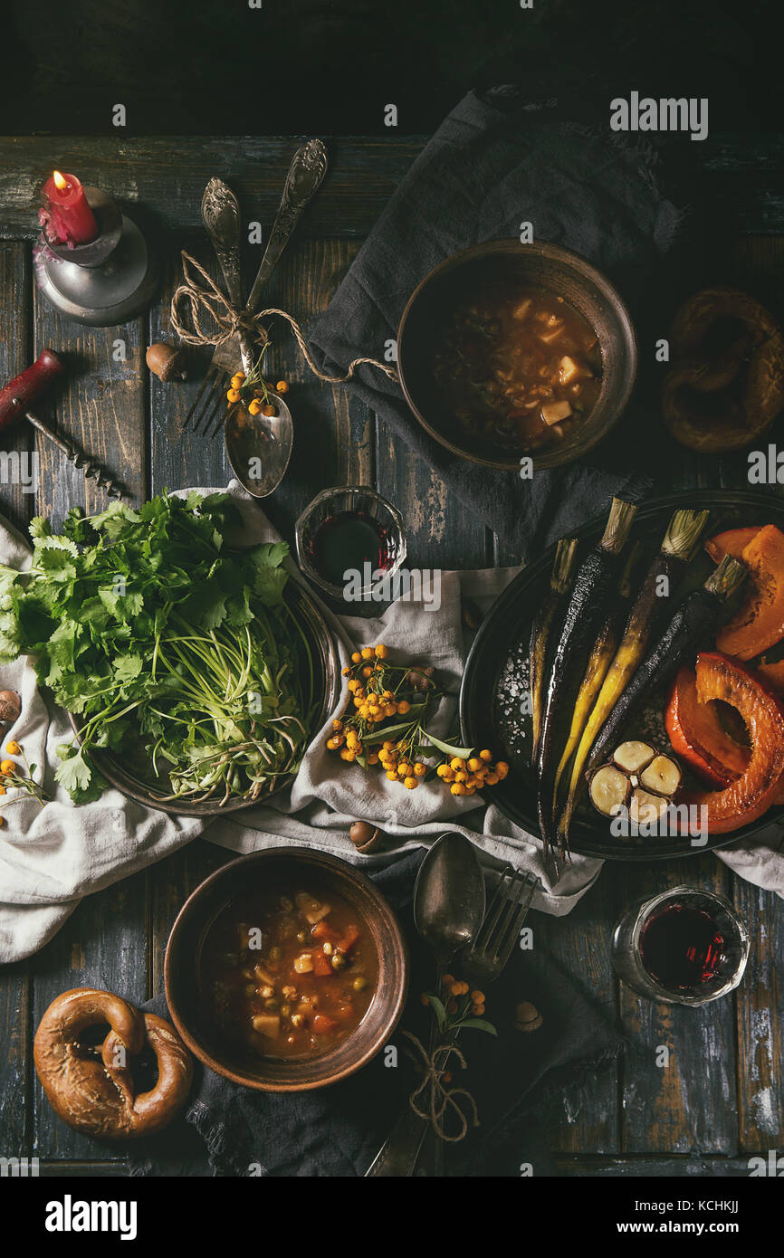 Table setting with soup bowls Stock Photo Alamy