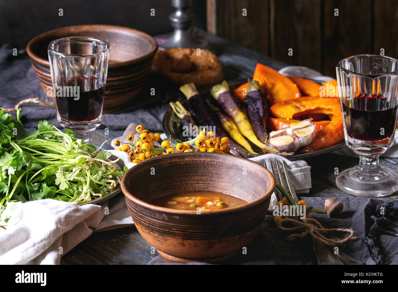 Table setting with soup bowls Stock Photo Alamy