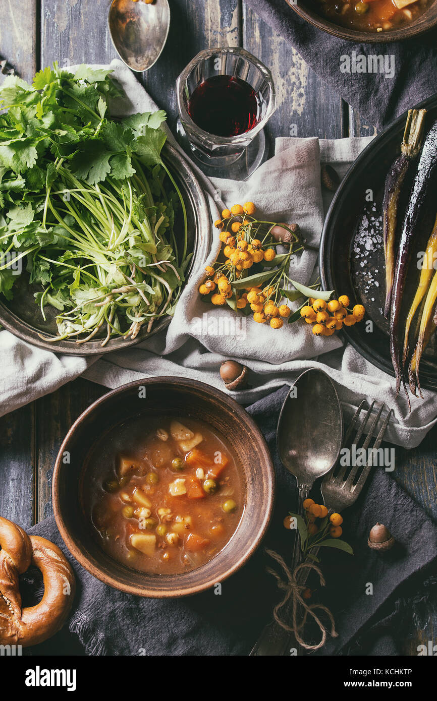 Table setting with soup bowls Stock Photo Alamy