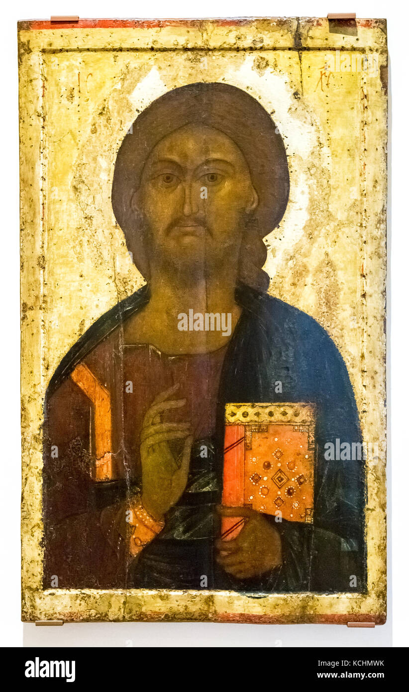 Veliky Novgorod; Russia - August 17; 2017: Antique Russian orthodox icon of Christ Pantocrator painted on wooden board; late 14th century Stock Photo
