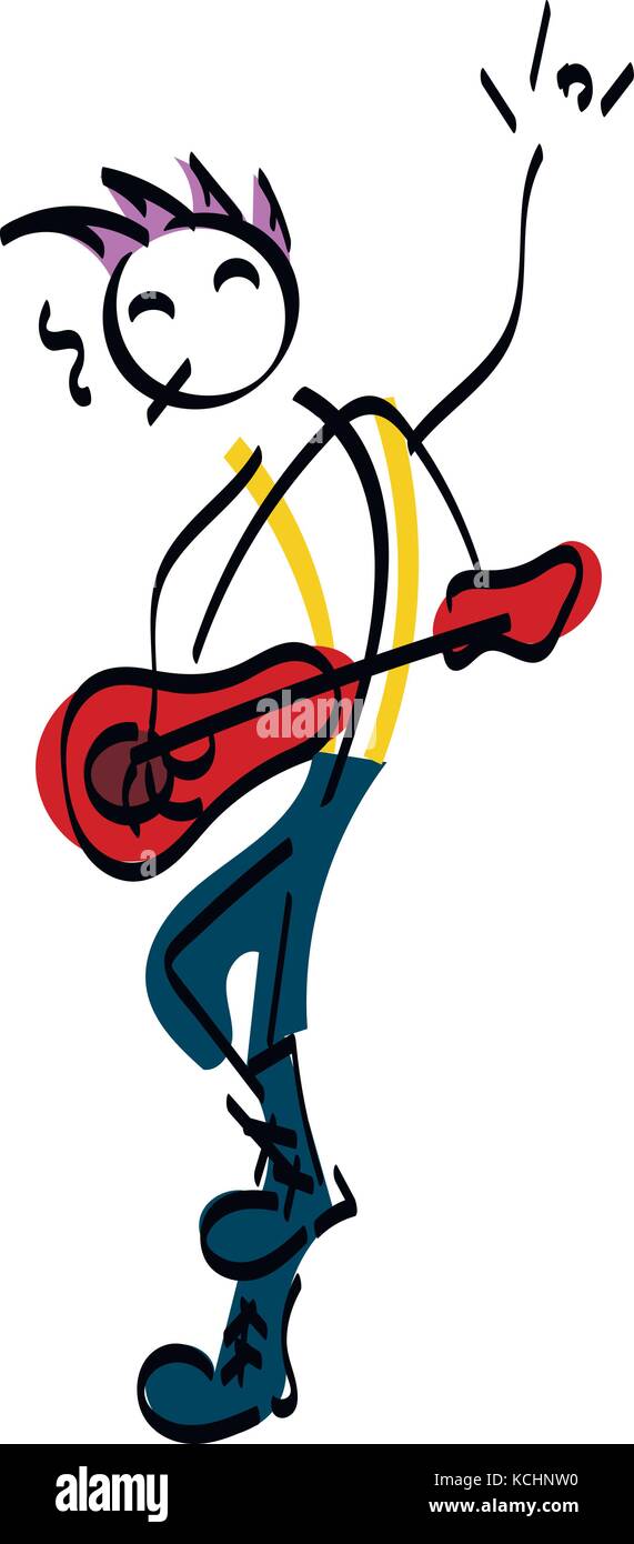 Doodle stickman illustration concept. Rock-man with guitar, metall music Stock Vector