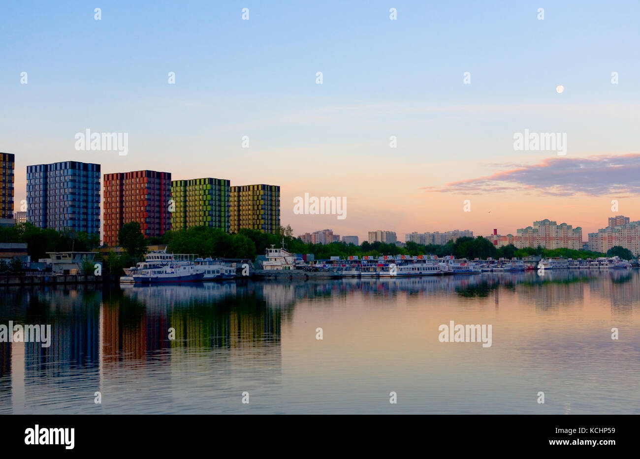 Moscow, Russia, June 12, 2017: New buildings in Moscow at dawn. New multi-colored houses on the Projected passage (opposite the Nagatinskaya embankmen Stock Photo