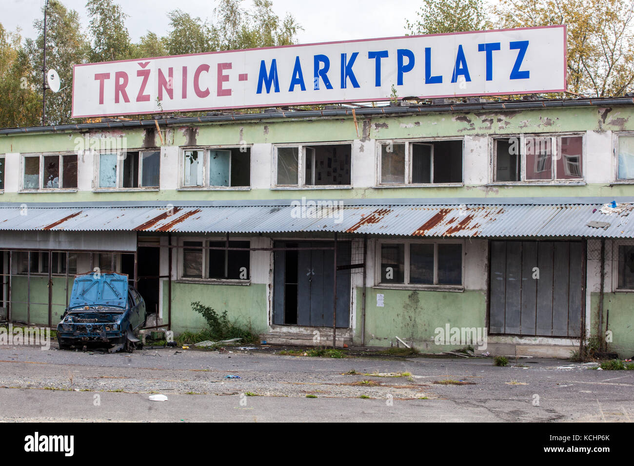 The Czech border, the collapsing building of the market in Dubí near Teplice, Czech Republic Stock Photo