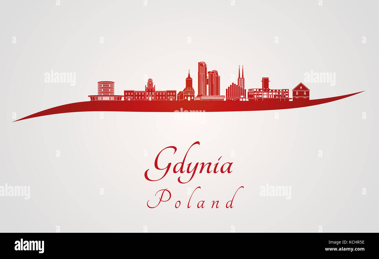 Gdynia skyline in red and gray background in editable vector file Stock Photo