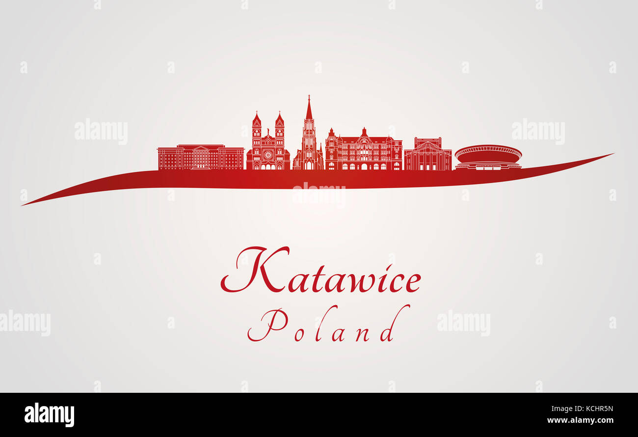 Katowice skyline in red and gray background in editable vector file Stock Photo