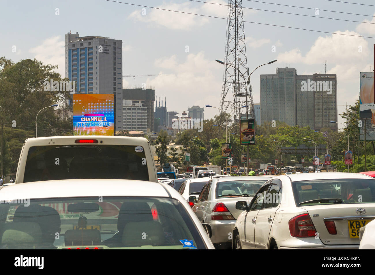 Vehicles stuck in traffic jam at rush hour on Uhuru Highway into Nairobi Central Business District (CBD), Kenya Stock Photo
