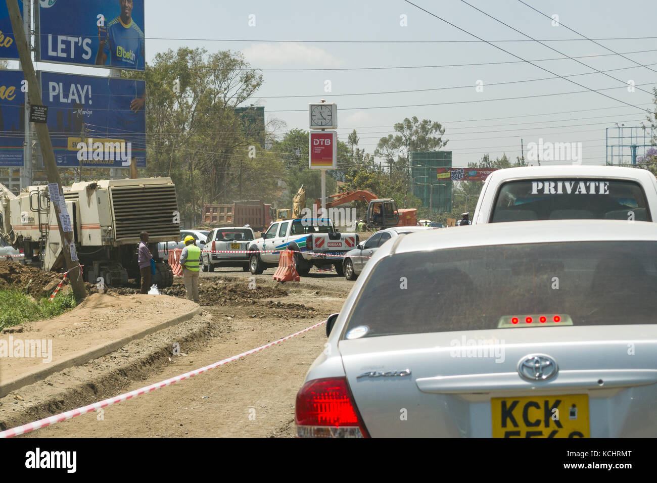 Vehicles stuck in traffic jam due to roadworks on Ngong Road into Nairobi Central Business District (CBD), Kenya Stock Photo