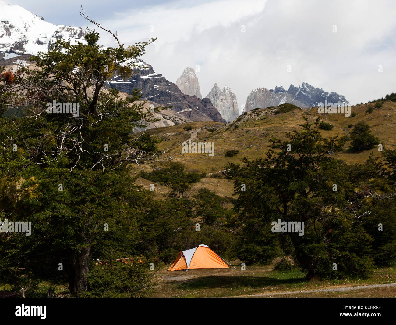 Campsite with the Torres del Paine massif, Torres del Paine National Park, Chile, South America Stock Photo