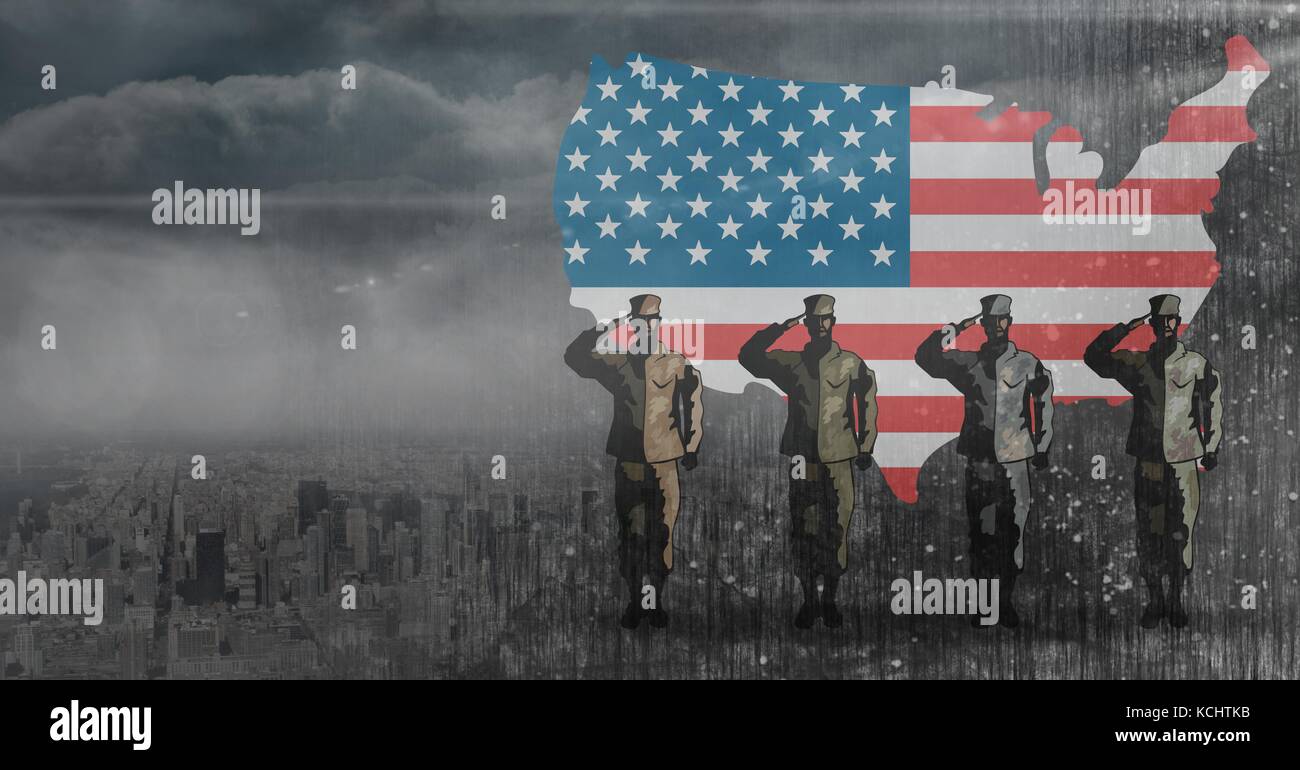 Digital composite of veterans day soldiers in front of flag Stock Photo ...