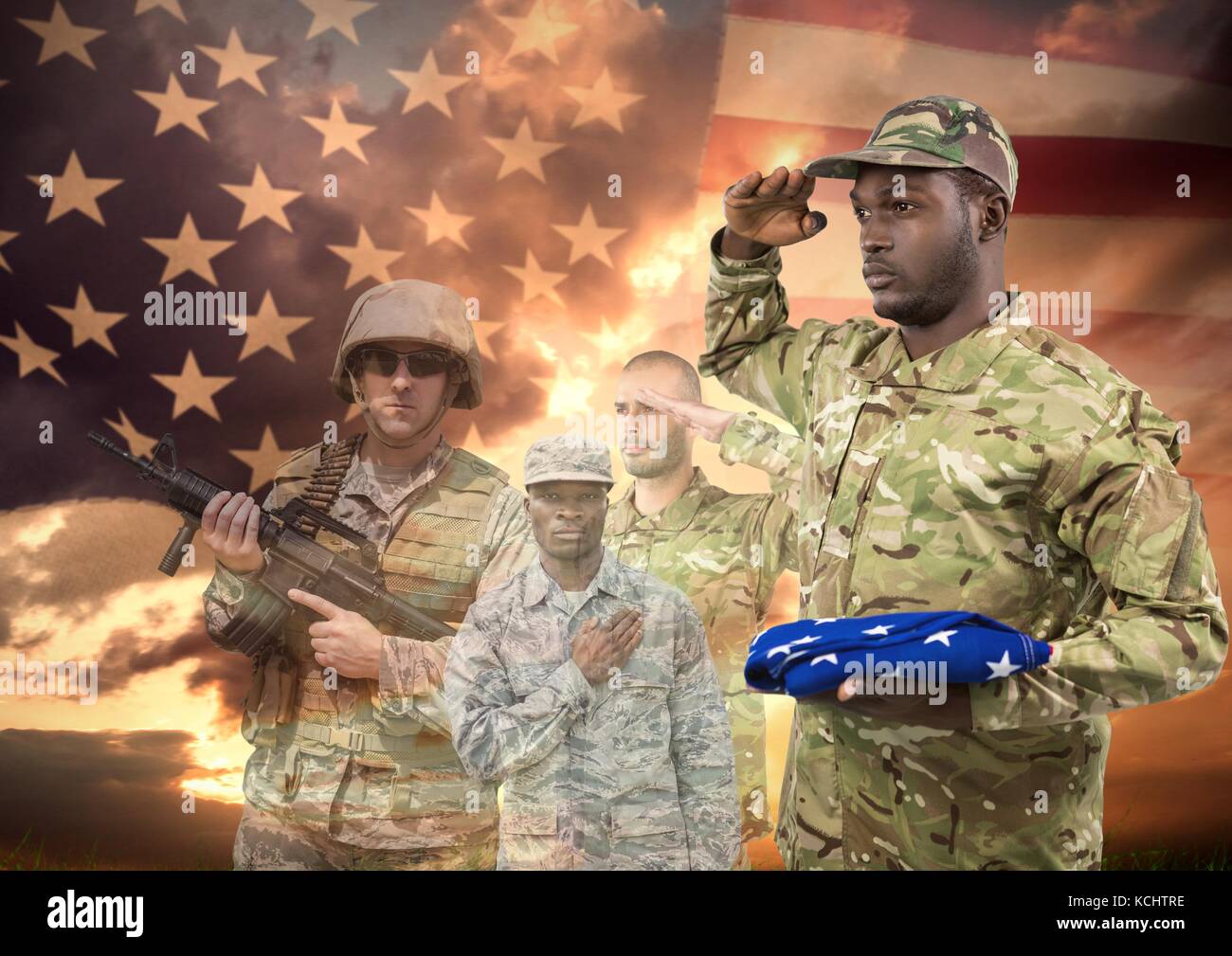 Digital composite of veterans day soldiers in front of flag Stock Photo ...
