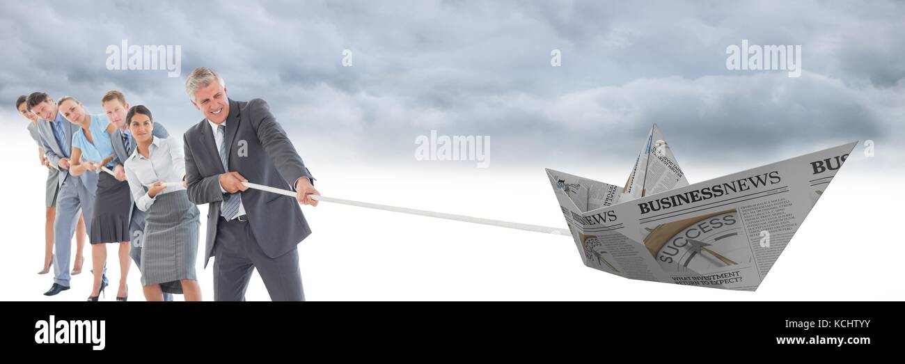 Digital composite of Business people pulling paper boat in sly with