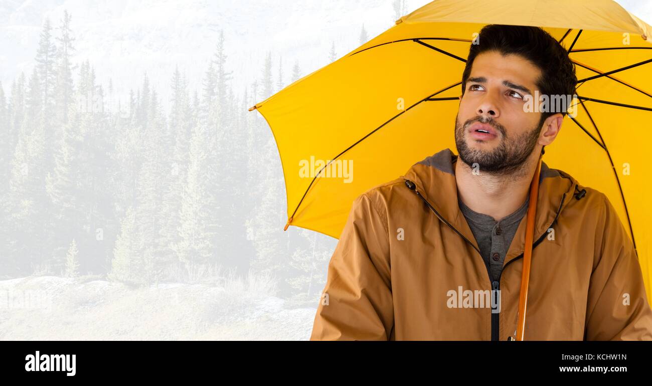 Digital composite of Man with yellow umbrella in bright forest Stock ...