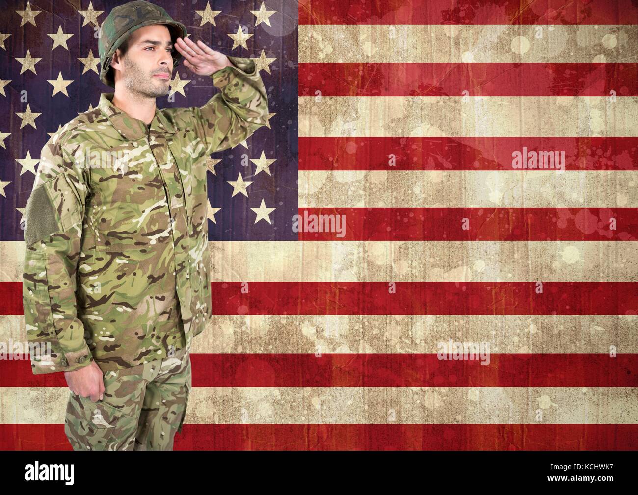 Digital composite of veterans day soldier in front of flag Stock Photo ...