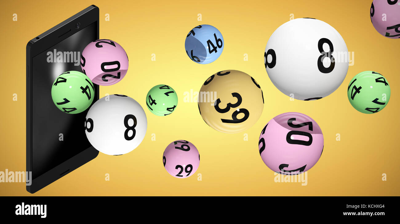 3D image of colorful bingo balls against yellow Stock Photo