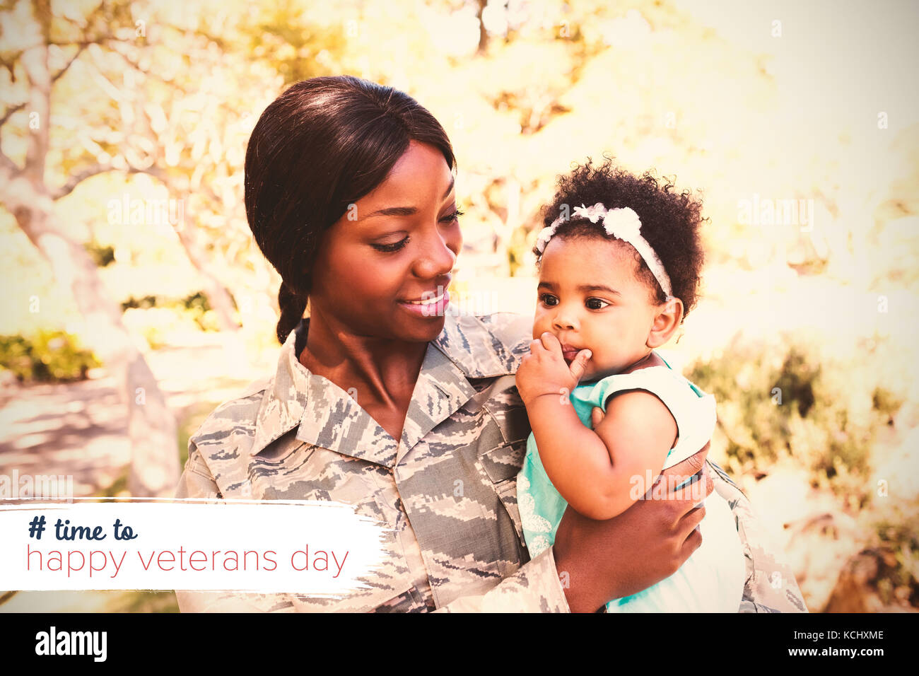 Logo for veterans day in america hashtag against female soldier