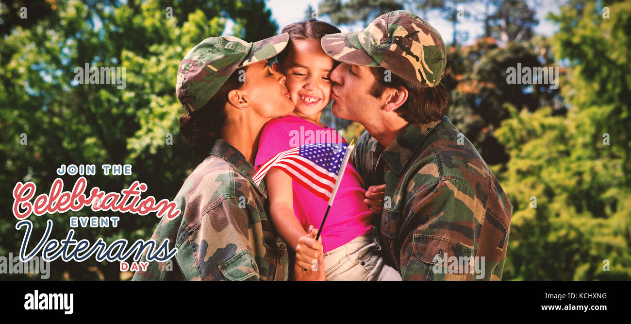 Army couple kissing daughter against logo for veterans day in ...