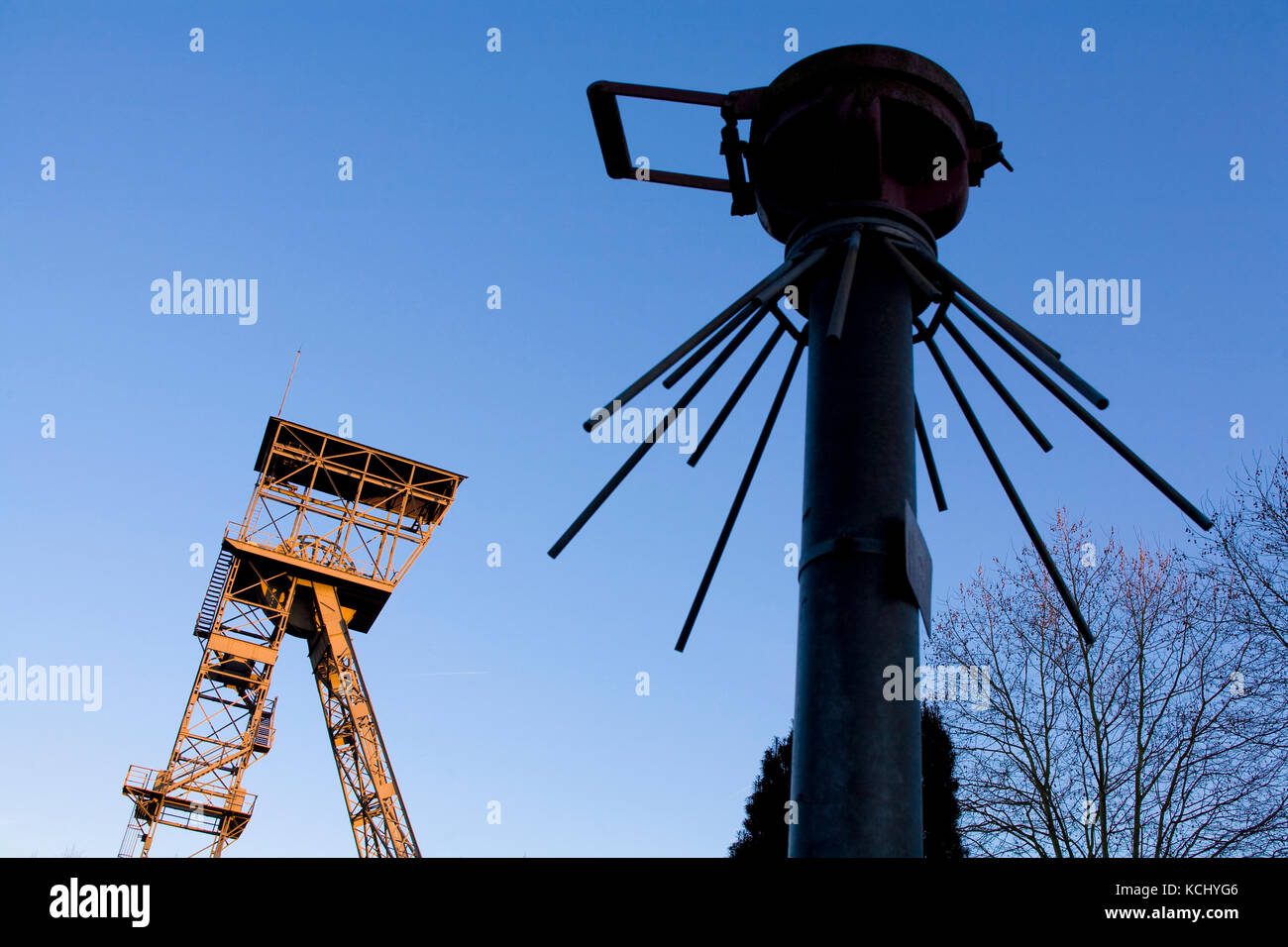Germany, Ruhr area, Herne-Boernig, a deflagration flame arrester called Protegofilter in front of the headgear of the disused coal-mine Teutoburgia, p Stock Photo