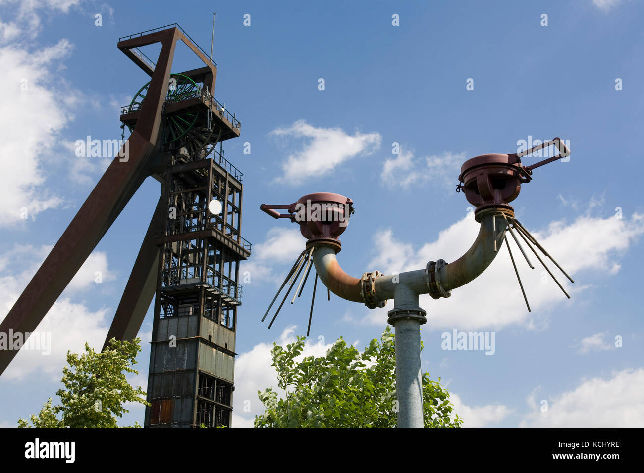 Germany, Ruhr area, Recklinghausen, a deflagration flame arrester called Protegofilter in front of the headgear of the disused coal-mine Recklinghause Stock Photo