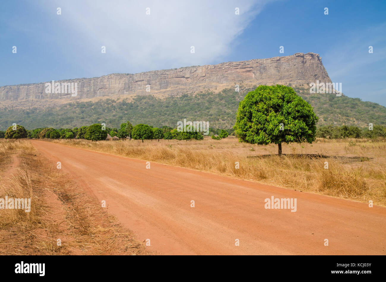 Red dirt and gravel road, single trees and large flat topped mountain in Fouta Djalon region, Guinea, West Africa Stock Photo