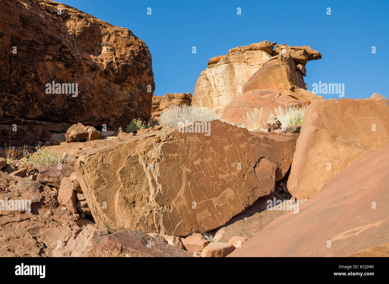 Famous animal rock engravings at Twyfelfontein in Damaraland, Namibia, Southern Africa Stock Photo