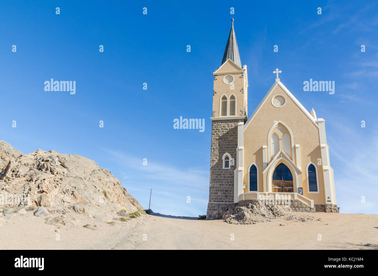 Famous German colonial church Felsenkirche on hill in desert town Luderitz, Namibia, Southern Africa Stock Photo