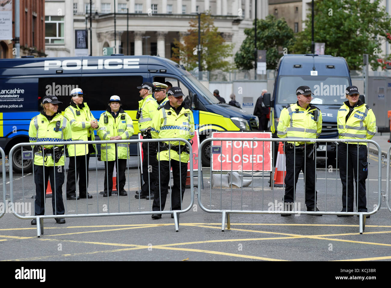 Police officers block roads in central Manchester as part of the security for the Conservative Party Conference 2017 Stock Photo