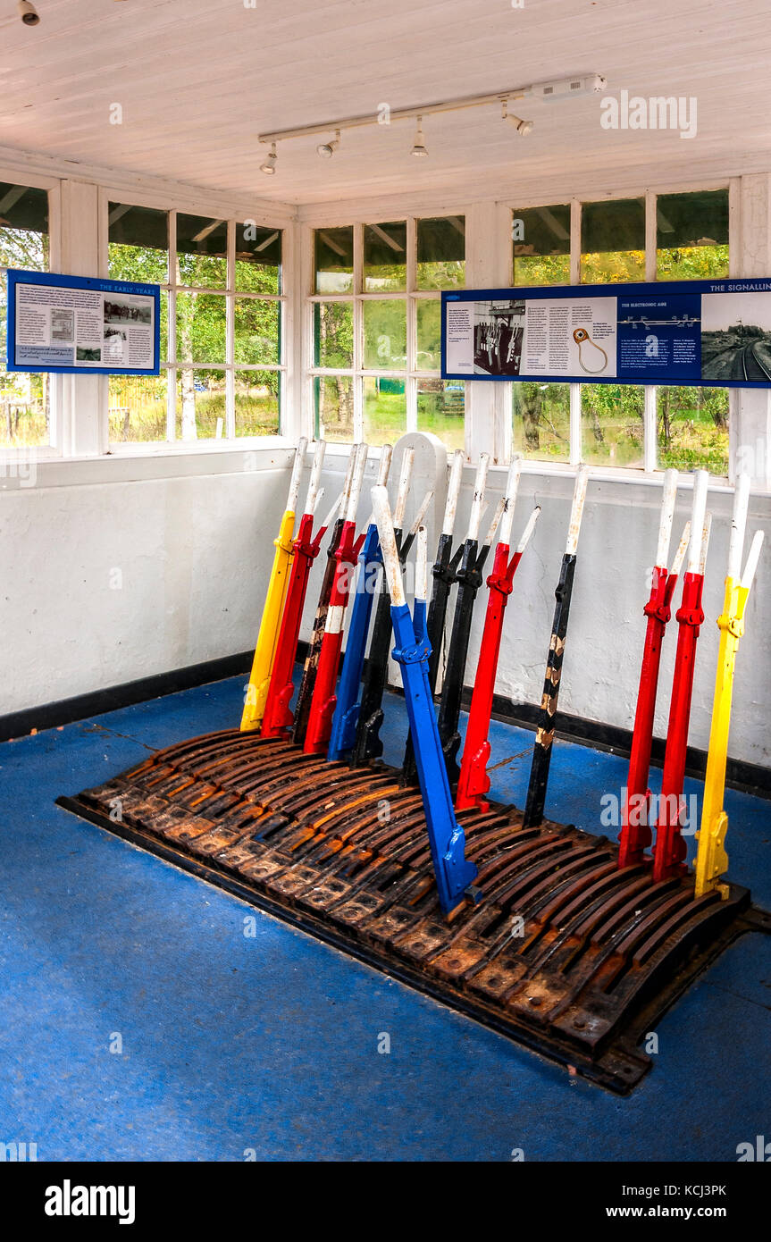 The interior of a distinctive type 6a signal box showing the different colours used to differentiate the type of equipment controlled by the levers Stock Photo