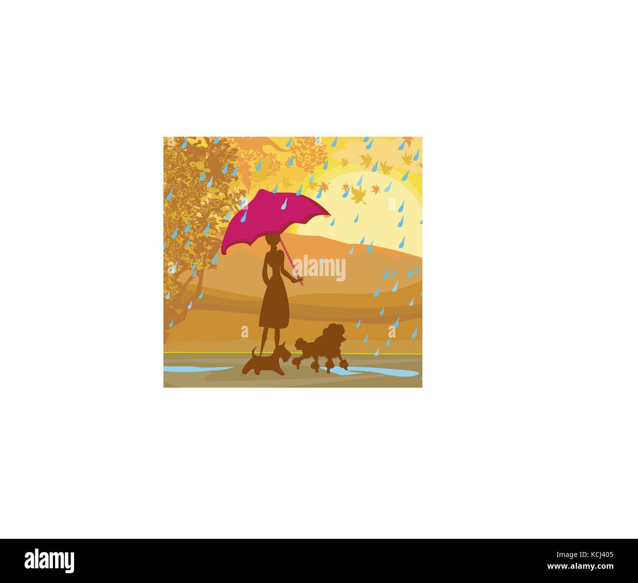 Girl walking with her dogs in autumn landscape. Stock Vector