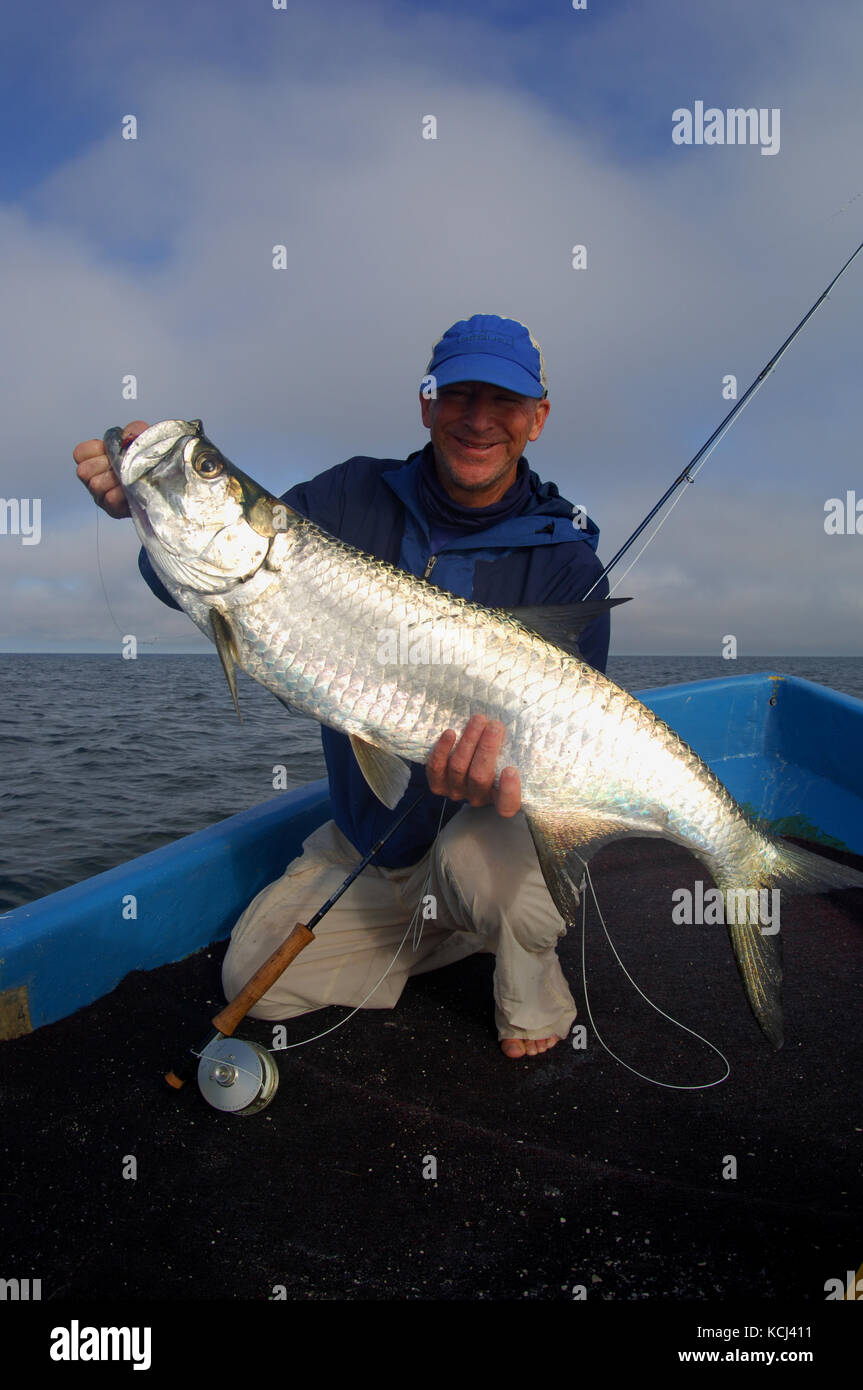 A fisherman holds a juvenile tarpon caught while fly fishing the remote jungle rivers of