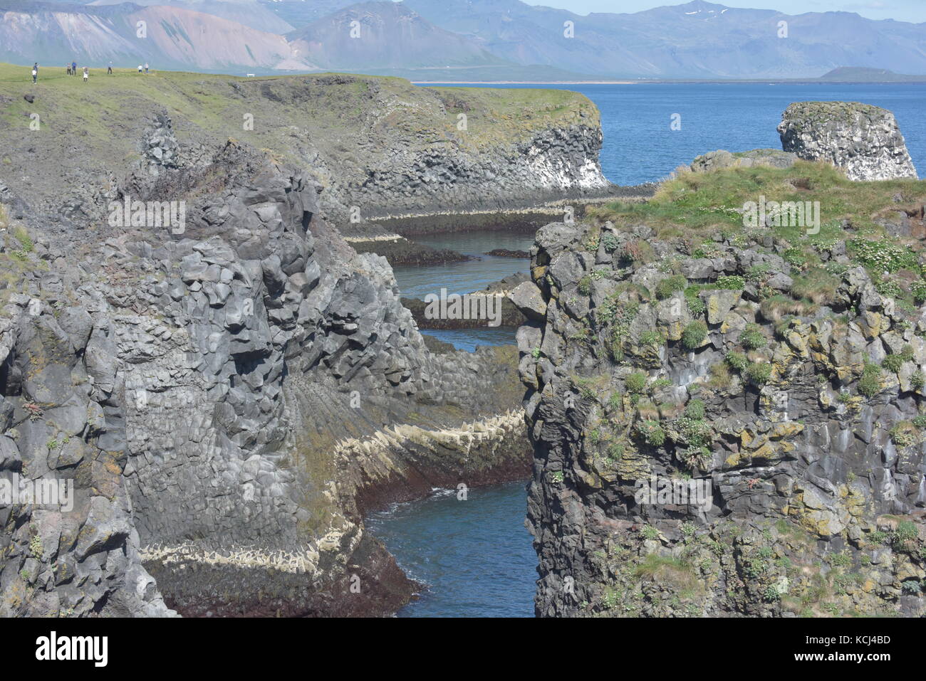 Shoreline and cliffs of basalt rock at Arnarstapi nature reserve seen ...