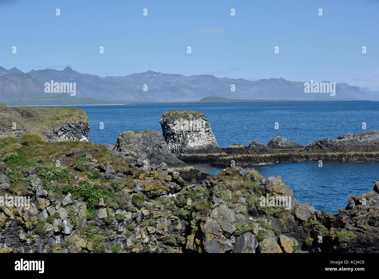 Shoreline and cliffs of basalt rock at Arnarstapi nature reserve seen ...