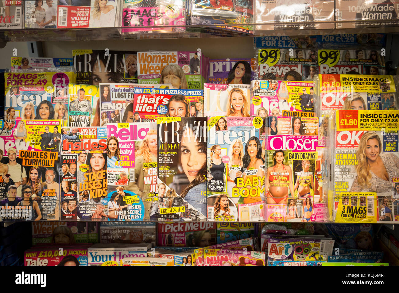 Magazines on sale in a supermaket Stock Photo