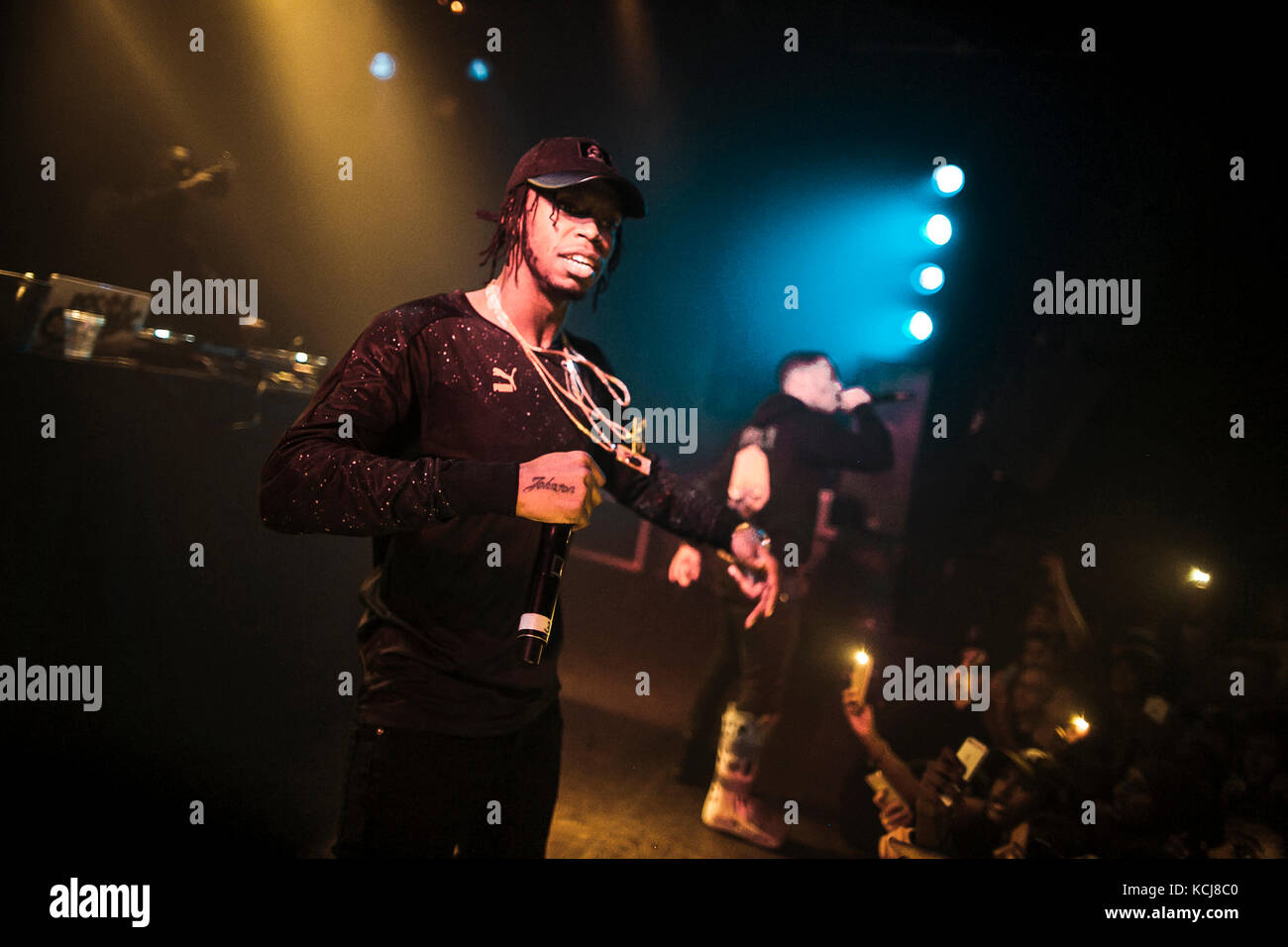 The English hip hop and grime rap duo Krept and Konan performs a live concert at Pumpehuset in Copenhagen. The group consists of the two MC’s Casyo “Krept” Johnson (pictured) and Karl “Konan” Wilson. Denmark, 05/12 2015. Stock Photo