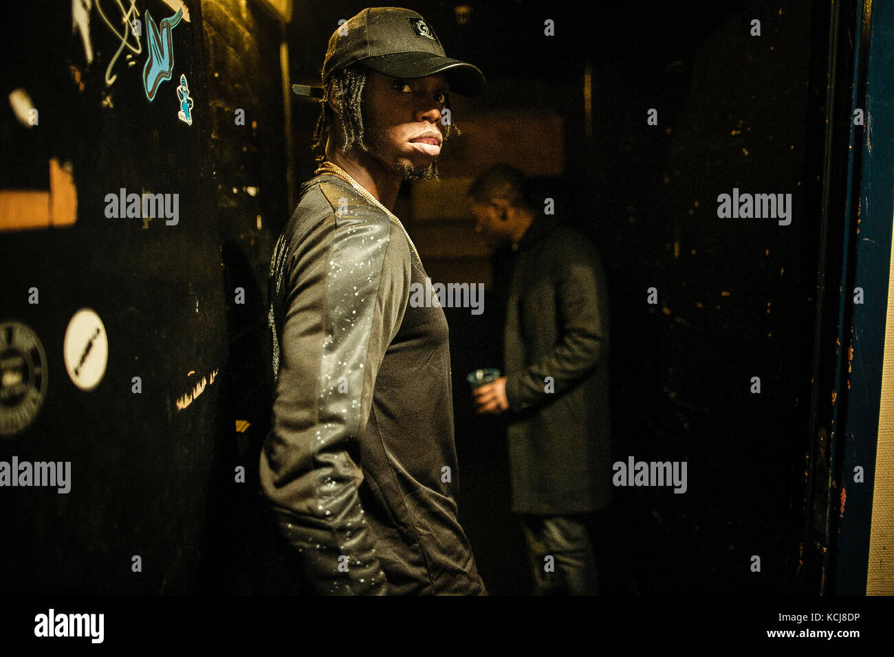 Rapper Casyo “Krept” Johnson of the English hip hop and grime rap duo Krept and Konan is portrayed backstage before a live concert at Pumpehuset in Copenhagen. Denmark, 05/12 2015. Stock Photo