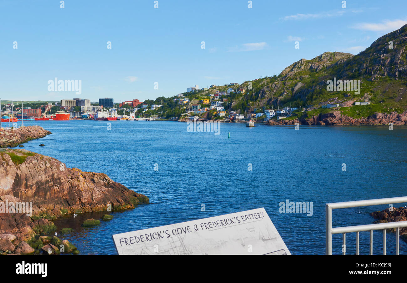 View from Frederick's Cove across the Narrows (only entrance to St John's harbour) to Signal Hill and port of St John's, Newfoundland, Canada Stock Photo
