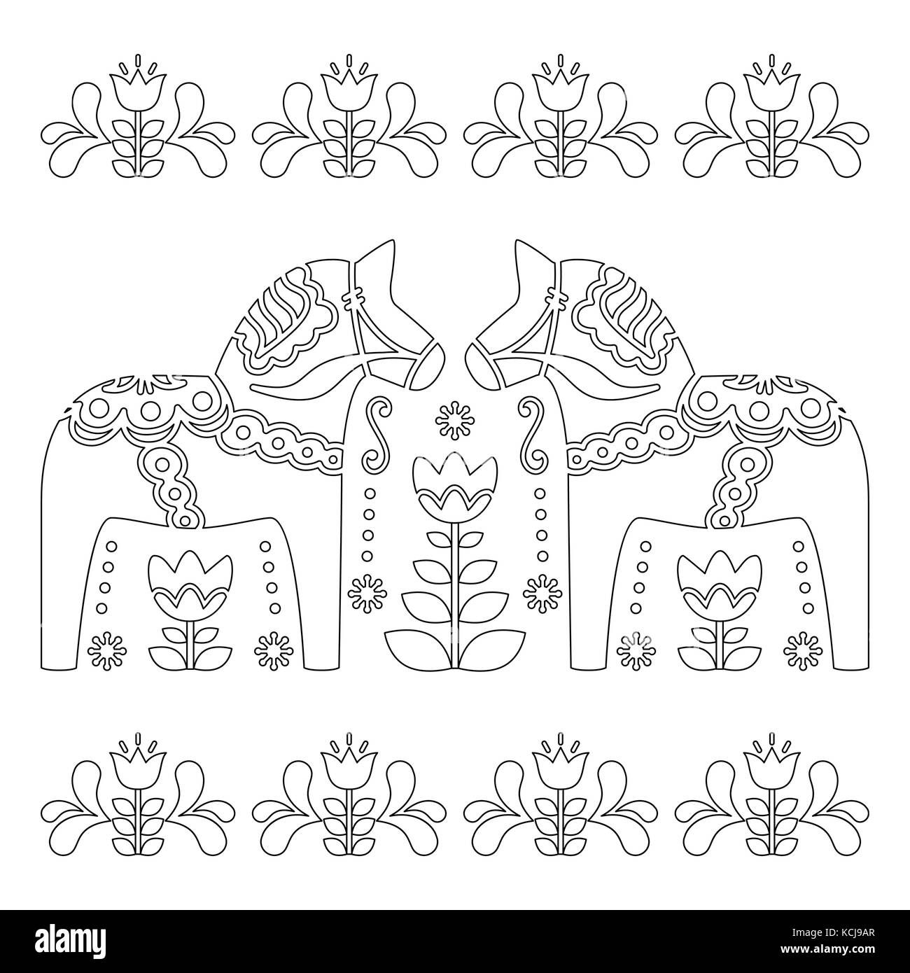 Scandinavian outline vector design, Swedish Dala or Dalecarlian horse pattern, coloring book for adults Stock Vector