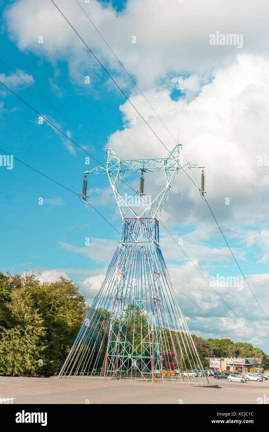 High voltage power lines with blue sky Stock Photo - Alamy